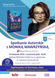 Plakat informujący o spotkaniu autorskim z pisarką Moniką Wawrzyńską