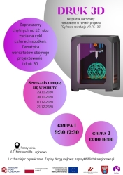 Plakat informujący o bezpłatnych warsztatach Druk 3D