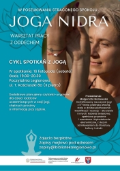 Plakat informujący o relaksie z literaturą i jogą nidrą