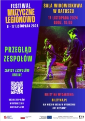 Plakat informujący o Przeglądzie zespołów muzycznych - MUZYCZNE LEGIONOWO