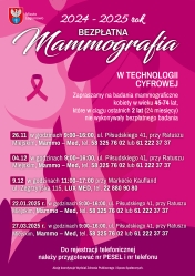 Plakat informujący o terminach badań mammograficznych w Legionowie
