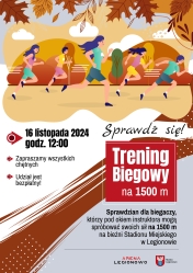 Plakat informujący o treningu biegowym na 1500 m w Legionowie