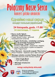 Plakat informujący o wydarzeniu muzycznym Połączmy Nasze Serca - koncert polsko-ukraiński