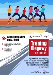 Plakat informujący o treningu biegowym na 800 m w Legionowie