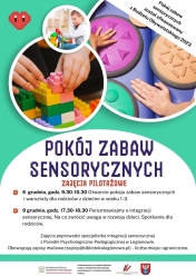 Plakat informujący o otwarciu pokoju zabaw sensorycznych