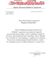Zaproszenie NSZZ Solidarność na uroczystości