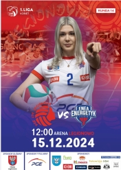 Plakat informujący o meczu PGE LTS Legionovia -  Enea Energetyk Poznań
