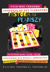Plakat informujący o wydarzeniu planszówki w MOK Targowa