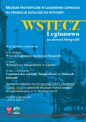Grafika informująca o promocji katalogu do wystawy „Wstecz. Legionowo na dawnej fotografii