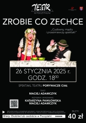 Plakat informujący o Spektaklu komediowym dla dorosłych 