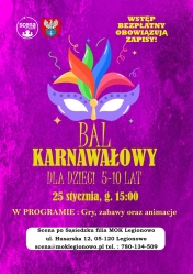 Grafika informująca o  balu karnawałowy dla dzieci