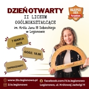 Grafika informująca o dniu otwartym w II LO w Legionowie
