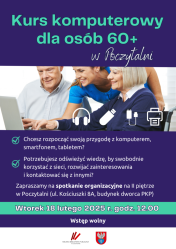 Grafika informująca o bezpłatnym kursie komputerowy dla osób 60 plus