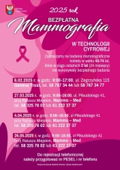 Plakat informujący o terminach badań mammograficznych w Legionowie