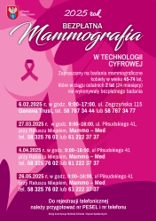 Plakat informujący o terminach badań mammograficznych w Legionowie