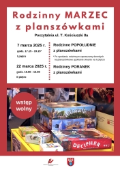 Plakat informujący o rodzinnym popołudniu z planszówkami