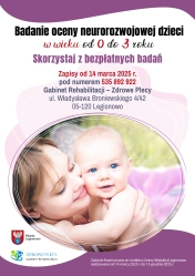 Plakat informujący o bezpłatnym badaniu oceny neurorozwojowej dziecka