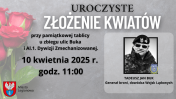 szara grafika, zdj. gen Tadeusza Buka, informacja o terminie składania kwiató pod tablicą pamiątkową