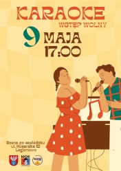 żółty plakat z postaciami trzymającymi mikrofon
