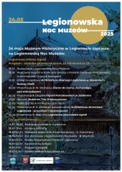 granatowy plakat z napisami i zarysem budynku