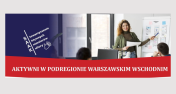 niebiesko czerwony plakat z białymi napisami ze zdjęciem pani stojącej przy tablicy