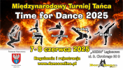 plakat z zegarem w płomieniach ognia z tancerzami z wymienionymi dyscyplinami tańca