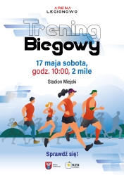 plakat w bioało niebieskich kolorach z biegaczami