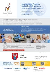 plakat w niebiesko szarym kolorze z duza ilością informacji ze zdjęciami dzieci