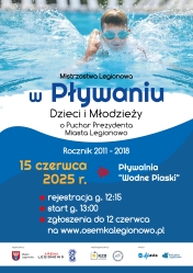 plakat w kolorze niebieskim z dzieckiem pływającym w basenie