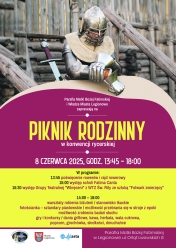 plakat żółto-bordowy z rycerzem  i napisami