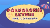plakat niebiesko żółty z napisami i parasolem plażowym