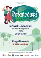 biały plakat z zielonymi dodatkami i tańczącą parą