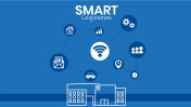 niebieskie tło, biała grafika, biały napis smart city
