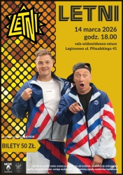 żółte tło, czarne napisy, zdjęcie dwóch mężczyzn