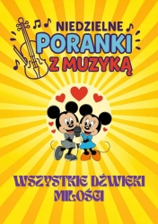 plakat, żółte tło z obrazkiem myszki miki