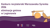 plakat, tło na górze białe na dole fioletowe. pomarańczowa syrenka