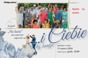 plakat, szare tło, na dolnej części tańcząca młoda para na górze zdjęcie zespołu Na luzie