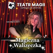 plakat  zdjęcie magika na tle czerwonej zasłony
