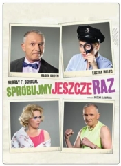 plakat - tło w  beżowym kolorze na tle zdjęcia aktorów