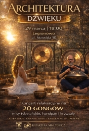 plakat w kolorze złotym, kobieta i mężczyzna grający na instrumentach