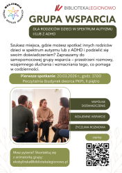 plakat, kobieta siedząca na krześle rozmawia z grupką ludzi