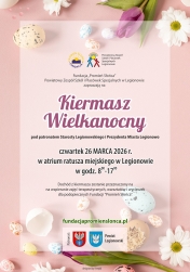 Plakat na różowym tle na górze i na dole tulipany, jajeczka wielkanocne i opis wydarzenia