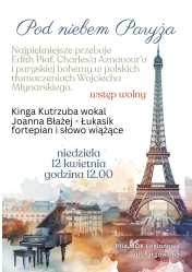 Plakat w dolnym lewym rogu pianino, po prawej stronie wieża Eiffla