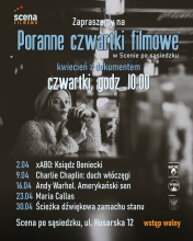 plakat biało czarny ze zdjęciem kobiety siedzącej przy barze, napisy biało niebieskie