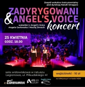 plakat czarne tło na środku scena z zespołem z instrumentami a w tle chórek