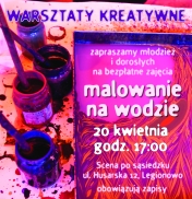 plakat pomarańczowo różowy po lewej strone buteleczki z rozchlapaną farbą po prawej stronie opis wydarzenia
