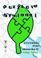 plakat w kształcie puzzli, szare tło i zielony liść na środku