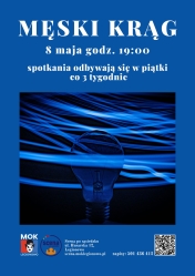 plakat ciemno niebieskie tło, na środku żarówka, na górze opis wydarzenia