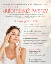 plakat beżowo szary, po lewej stronie kobieta wykonująca masaż, po prawej opis wydarzenia