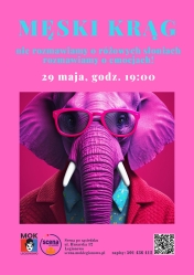 plakat tło różowe, na środku słoń ubrany w koszulę i płaszcz i różowe okulary